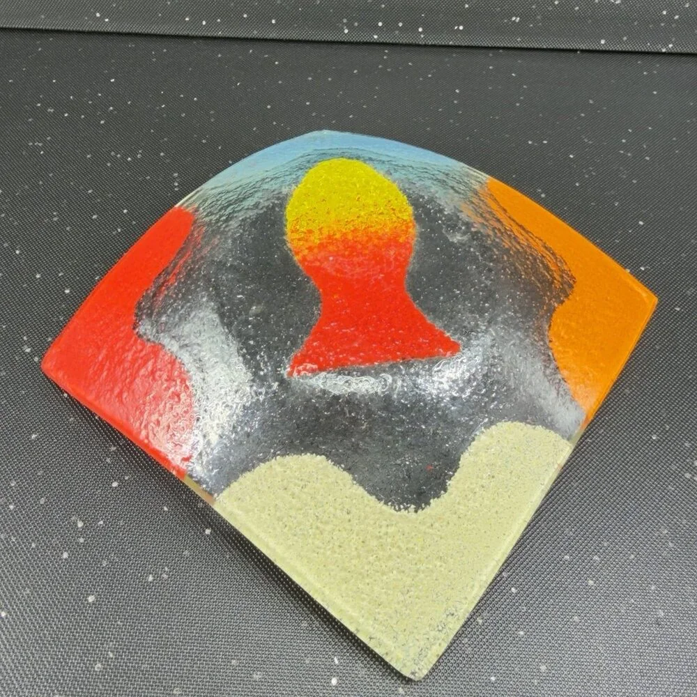 Square Fused‎ Art Glass Multicolor Dish Plate With Fish Textured Trinket Holder